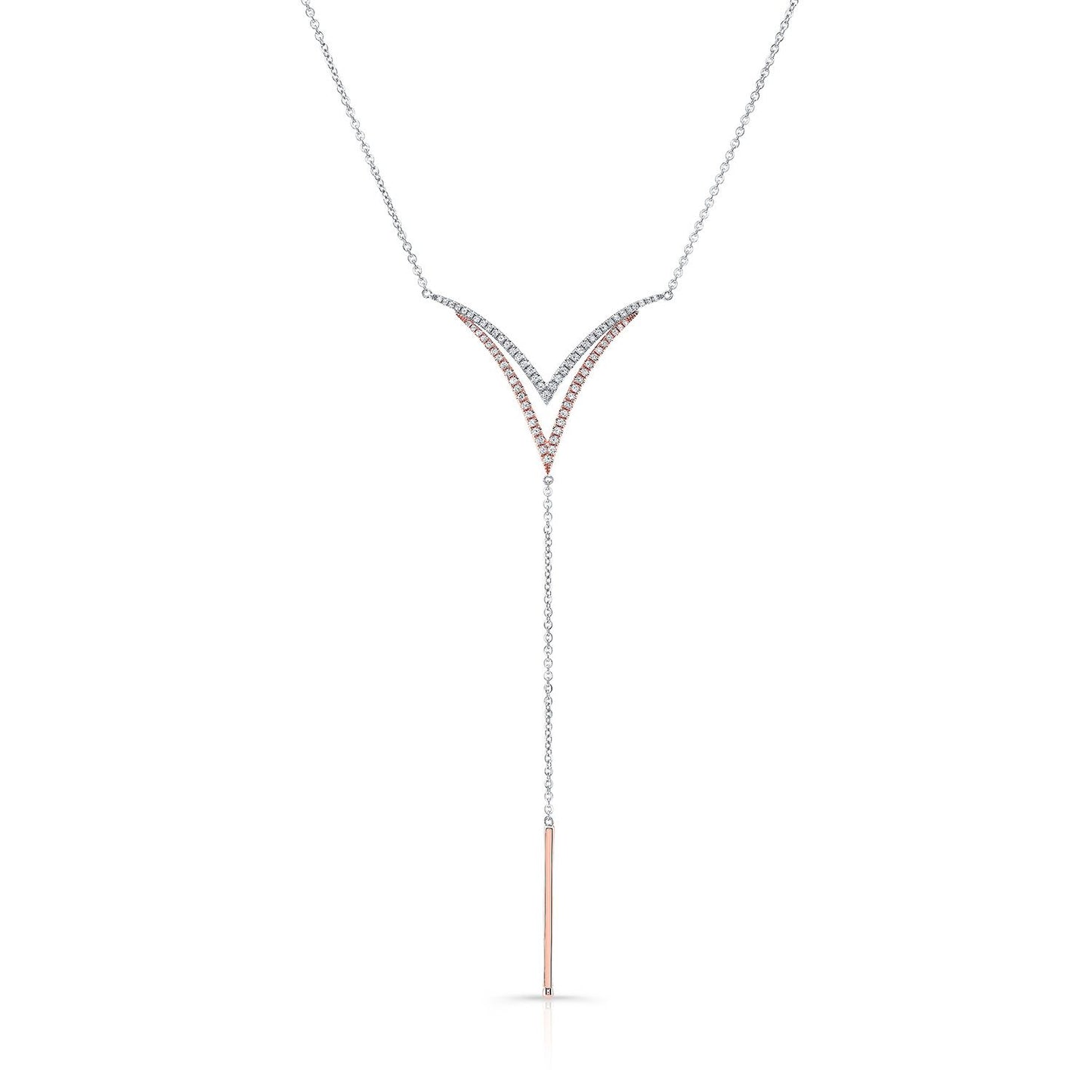 Diamond Pave Double-v And Solid Bar Y-necklace In 14k Rose And White Gold (16-18 In Adj Chn)