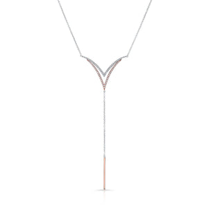 Diamond Pave Double-v And Solid Bar Y-necklace In 14k Rose And White Gold (16-18 In Adj Chn) – front view | RockHer