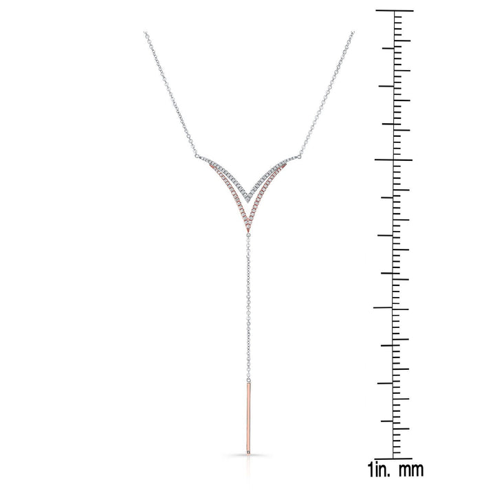 Diamond Pave Double-v And Solid Bar Y-necklace In 14k Rose And White Gold (16-18 In Adj Chn)