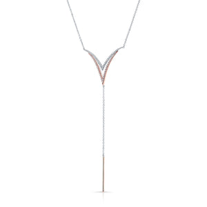 Diamond Pave Double-v And Solid Bar Y-necklace In 14k Rose And White Gold (16-18 In Adj Chn) – side profile | RockHer
