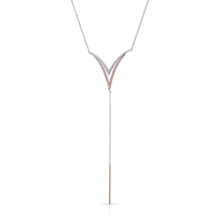 Diamond Pave Double-v And Solid Bar Y-necklace In 14k Rose And White Gold (16-18 In Adj Chn)