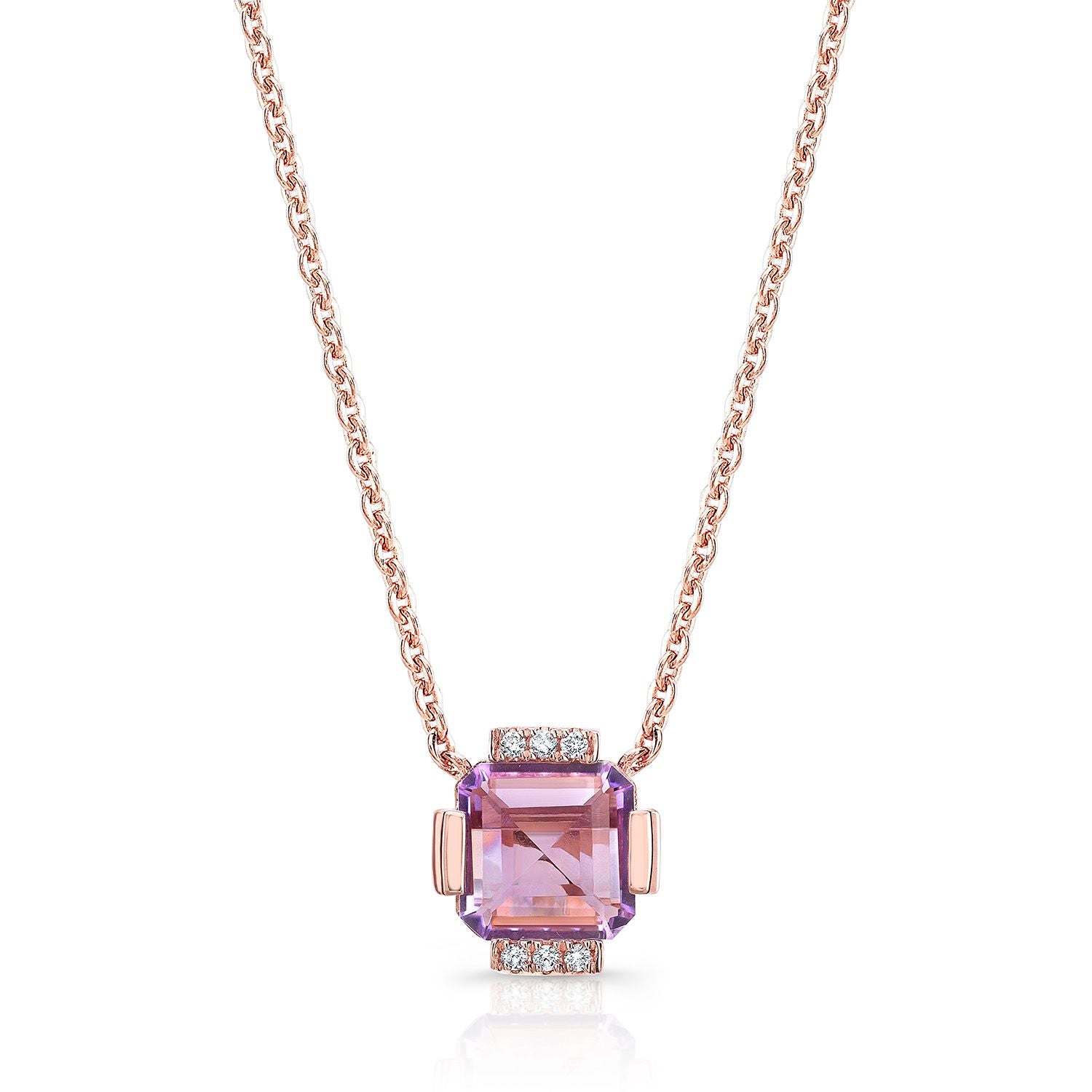 Amethyst Square Necklace With Diamond Pave & Solid Bar/channel Basket In 14k Rose Gold (16-18 Adj Chn)
