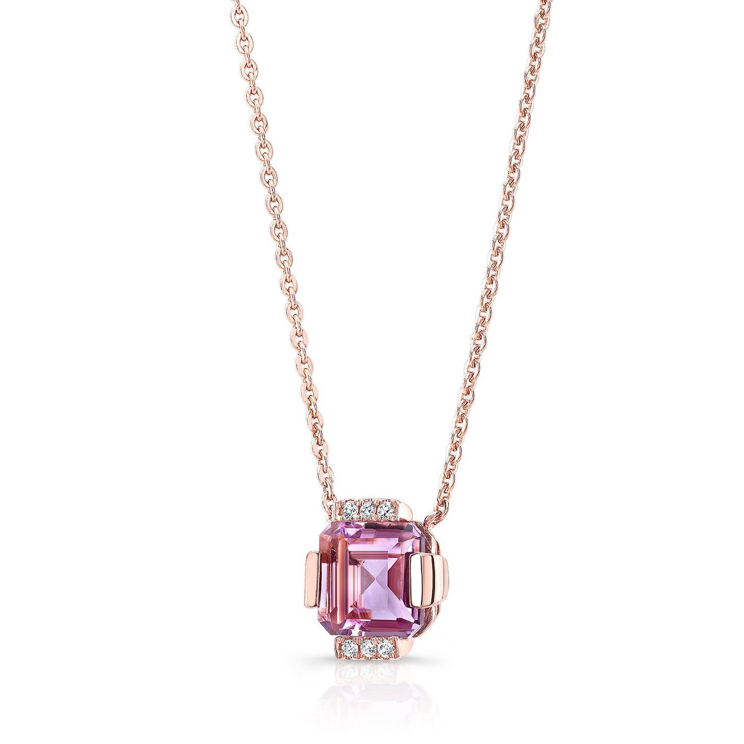 Amethyst Square Necklace With Diamond Pave & Solid Bar/channel Basket In 14k Rose Gold (16-18 Adj Chn)