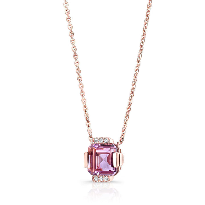 Amethyst Square Necklace With Diamond Pave & Solid Bar/channel Basket In 14k Rose Gold (16-18 Adj Chn)