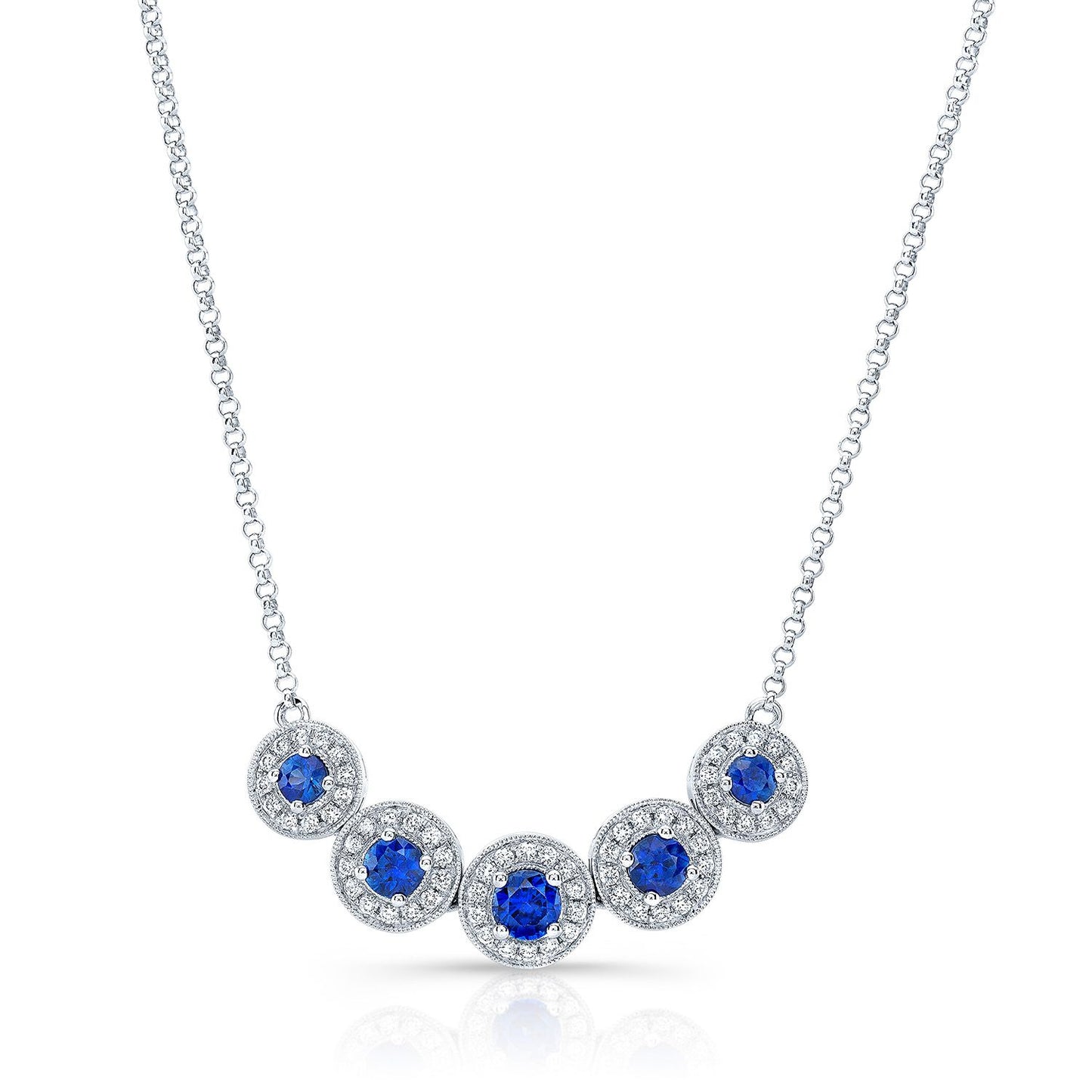 Sapphire And Diamond Graduated Curved Necklace In 14k White Gold