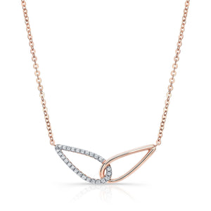 Diamond Pave And High Polish Teardrop Interlink Necklace in 14K Rose Gold, 16-18 Inch – front view | RockHer