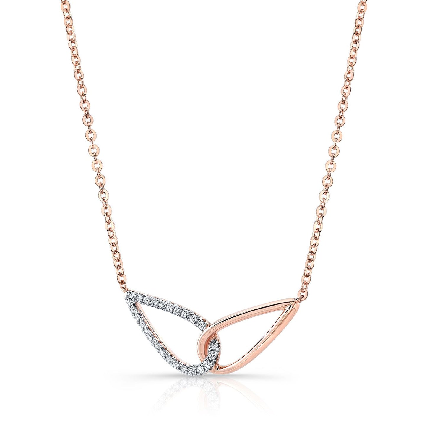 Diamond Pave And High Polish Teardrop Interlink Necklace In 14k Rose Gold, 16-18 Inch