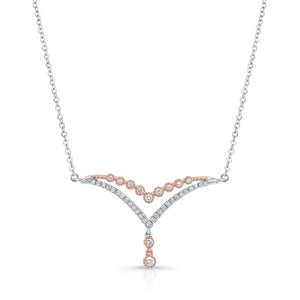 Diamond Pave And Prong Double Chevron Necklace In 14k White And Rose Gold, 16-18 Inch – front view | RockHer