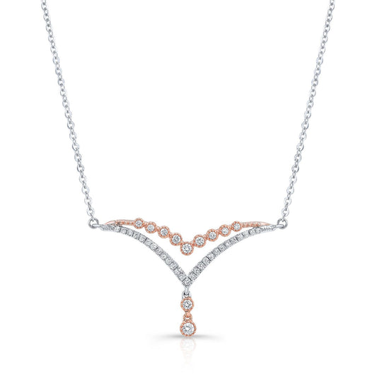 Diamond Pave And Prong Double Chevron Necklace In 14k White And Rose Gold, 16-18 Inch