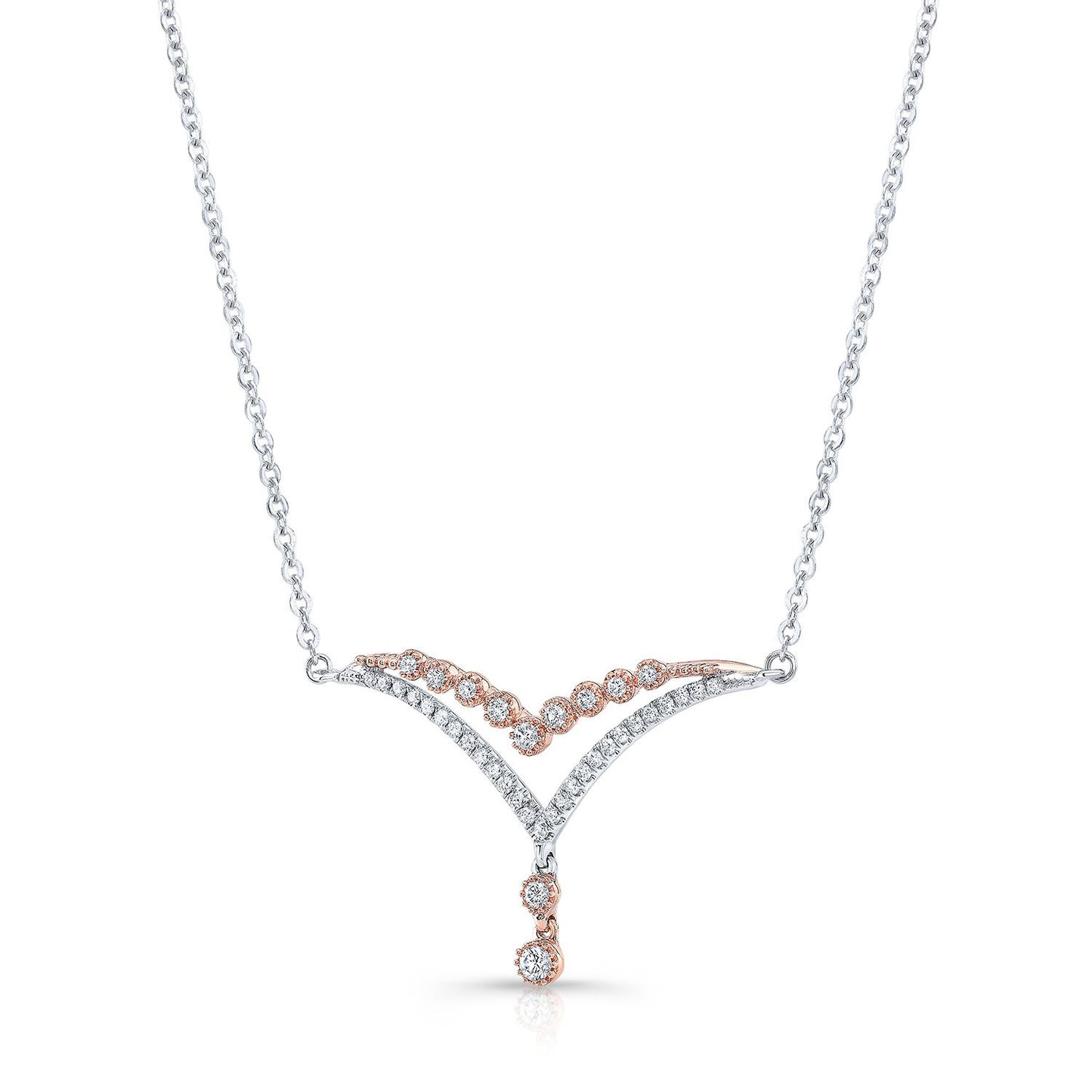Diamond Pave And Prong Double Chevron Necklace In 14k White And Rose Gold, 16-18 Inch