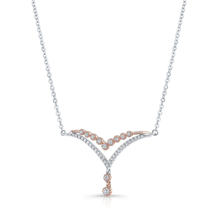 Diamond Pave And Prong Double Chevron Necklace In 14k White And Rose Gold, 16-18 Inch