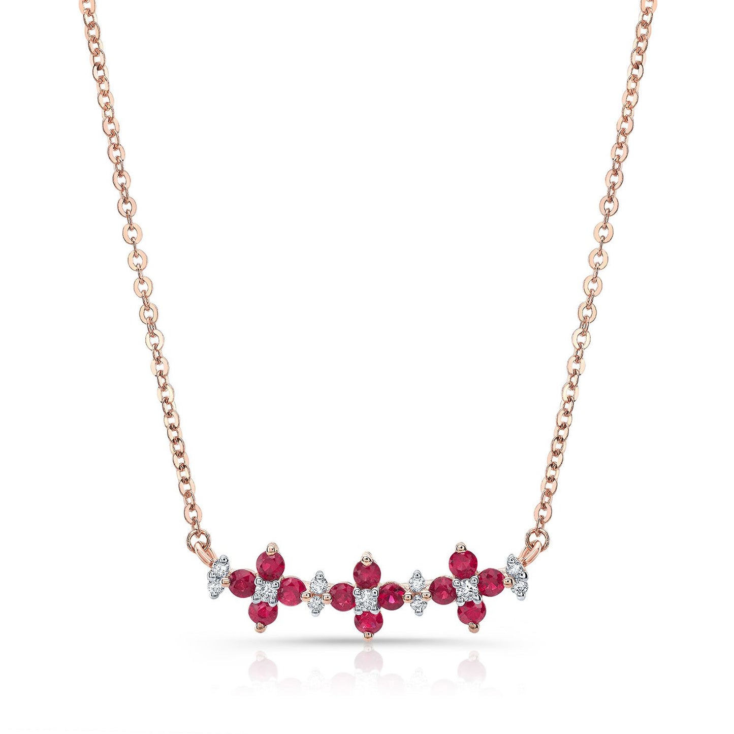 Ruby And Diamond Triple Floral Necklace In 14k Rose Gold