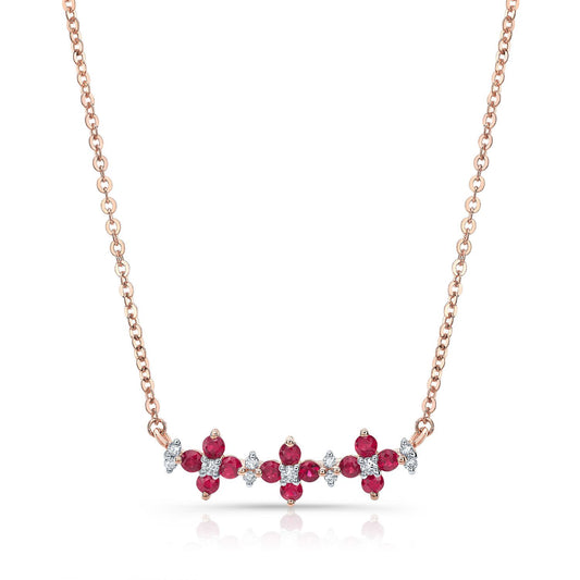 Ruby And Diamond Triple Floral Necklace In 14k Rose Gold