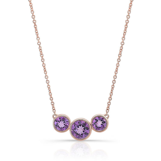 Amethyst Trio Circle Bezel Necklace In 14k Rose Gold