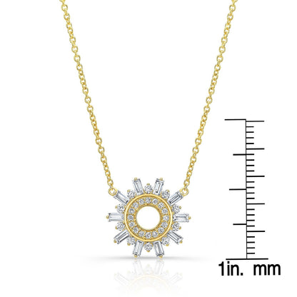 Diamond Round And Straight Baguette Starburst Necklace In 14k Yellow Gold
