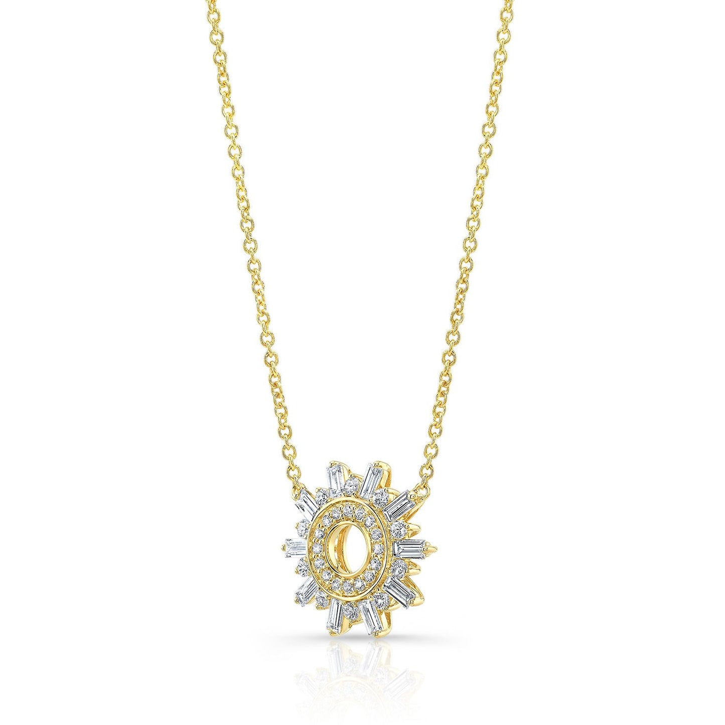 Diamond Round And Straight Baguette Starburst Necklace In 14k Yellow Gold
