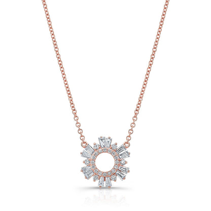 Diamond Pave Circle And Tapered Baguette Starburst Necklace In 14k Rose Gold