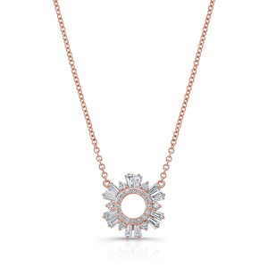 Diamond Pave Circle And Tapered Baguette Starburst Necklace in 14K Rose Gold – front view | RockHer