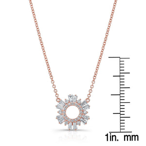 Diamond Pave Circle And Tapered Baguette Starburst Necklace in 14K Rose Gold – front view | RockHer