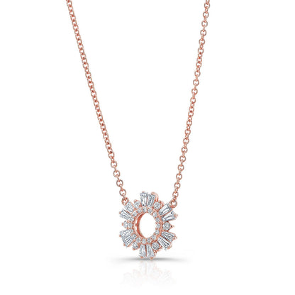 Diamond Pave Circle And Tapered Baguette Starburst Necklace In 14k Rose Gold