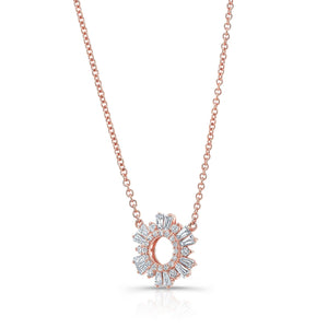 Diamond Pave Circle And Tapered Baguette Starburst Necklace in 14K Rose Gold – side profile | RockHer