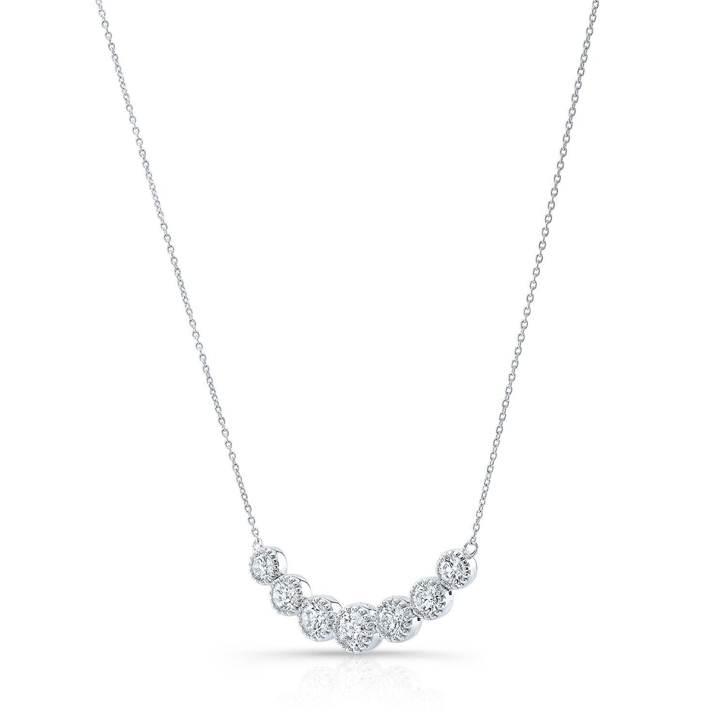 Diamond 7-stone Round Bezel Graduated Necklace With Millgrained Edging In 14k White Gold