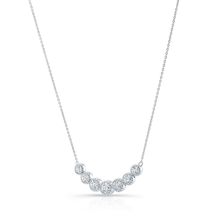 Diamond 7-stone Round Bezel Graduated Necklace With Millgrained Edging In 14k White Gold