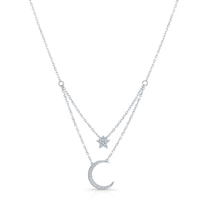 Diamond Star And Moon Layered Necklace in 14K White Gold, 16-18 Inch Adj Chain – front view | RockHer