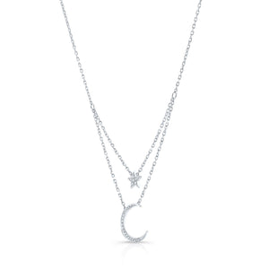 Diamond Star And Moon Layered Necklace in 14K White Gold, 16-18 Inch Adj Chain – side profile | RockHer