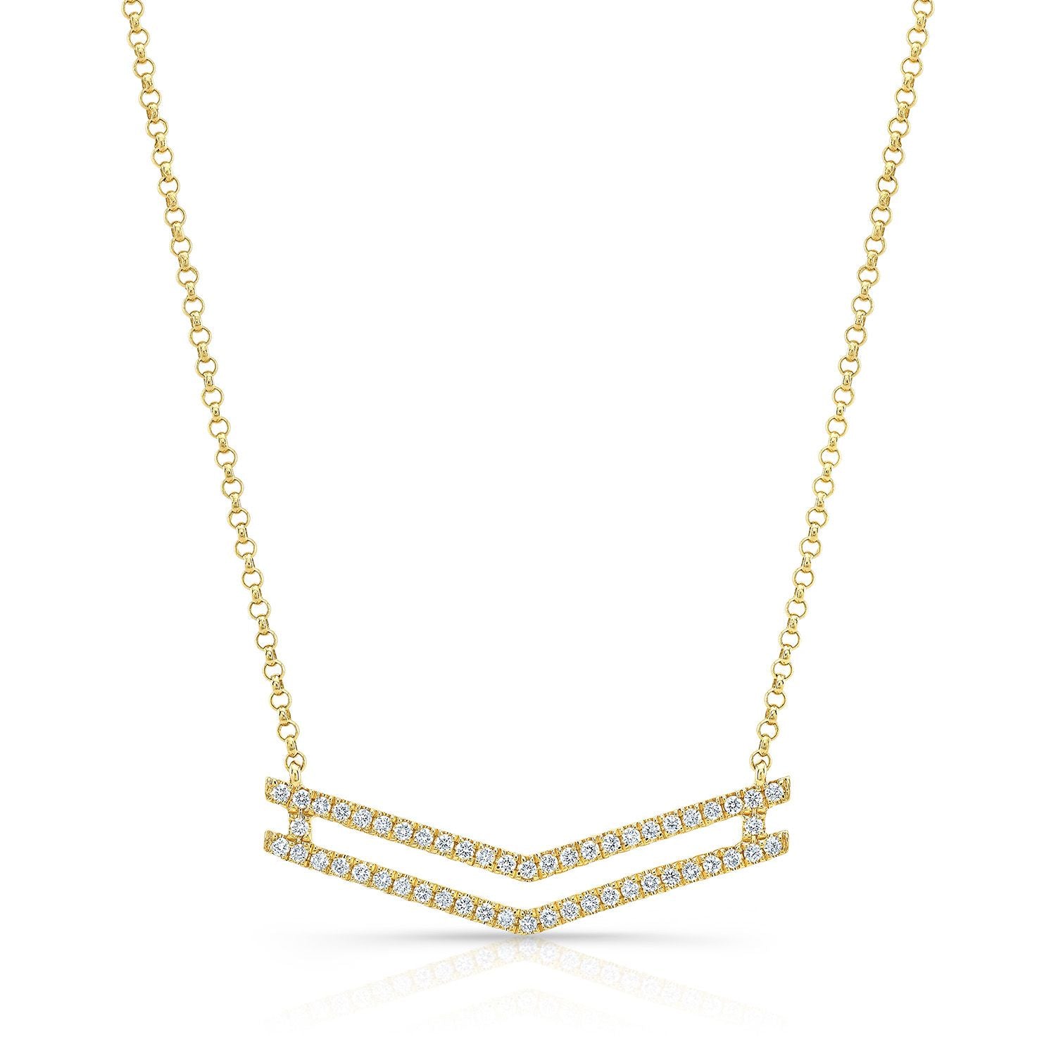 Diamond Micro-prong Set Double Chevron Necklace In 14k Yellow Gold, 18 Inch