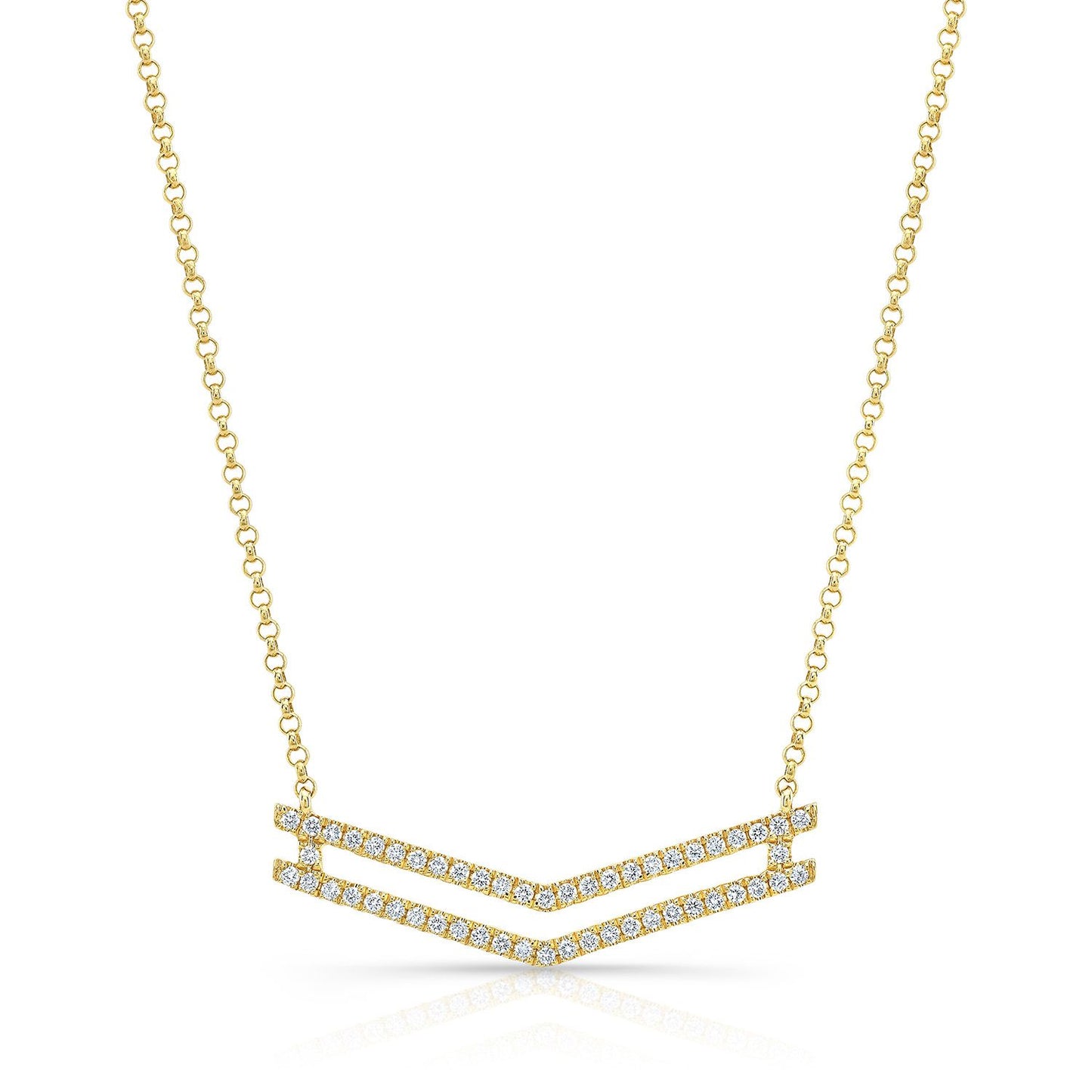 Diamond Micro-prong Set Double Chevron Necklace In 14k Yellow Gold, 18 Inch