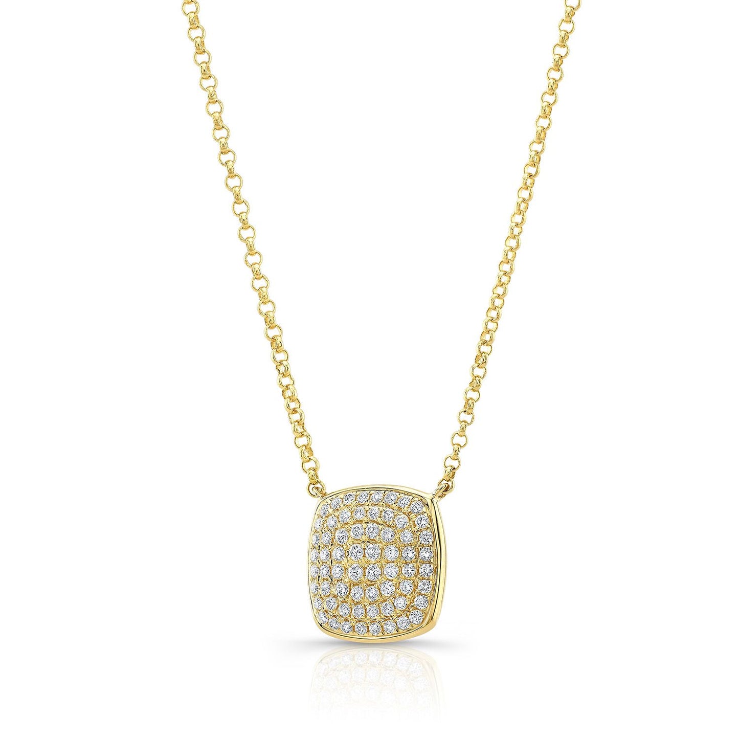 Diamond Pave Rounded Square Disk Necklace In 14k Yellow Gold, 18 Inch