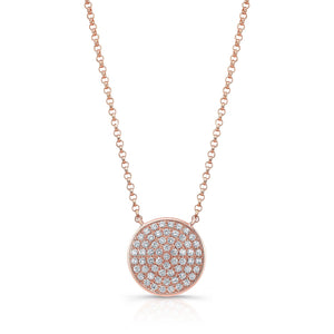 Diamond Pave Round Disk Necklace in 14K Rose Gold – front view | RockHer