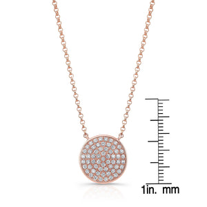 Diamond Pave Round Disk Necklace in 14K Rose Gold – scale reference | RockHer