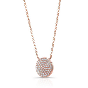 Diamond Pave Round Disk Necklace in 14K Rose Gold – side profile | RockHer