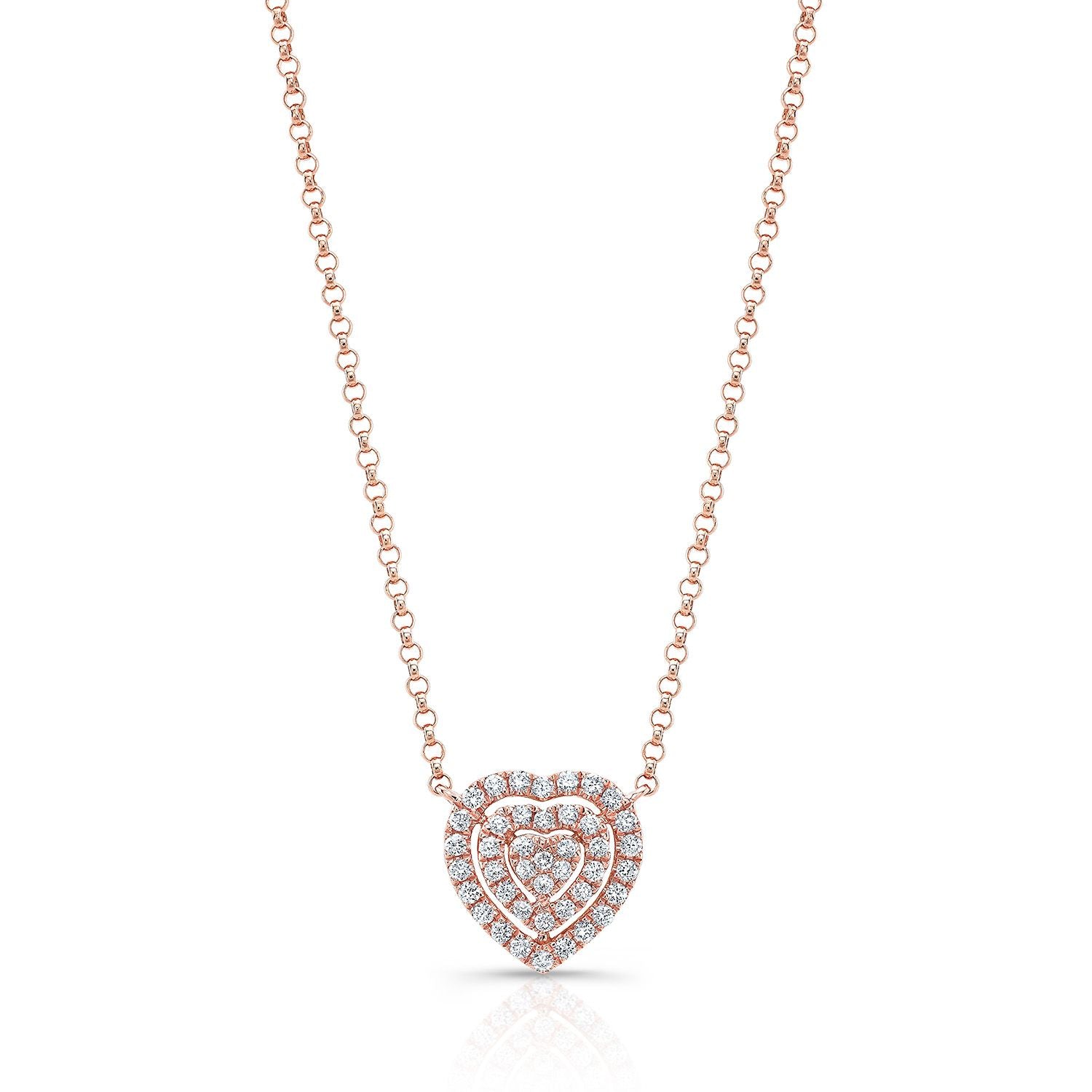Diamond Heart Cluster Necklace With Pave Double Border In 14k Rose Gold, 18 Inches