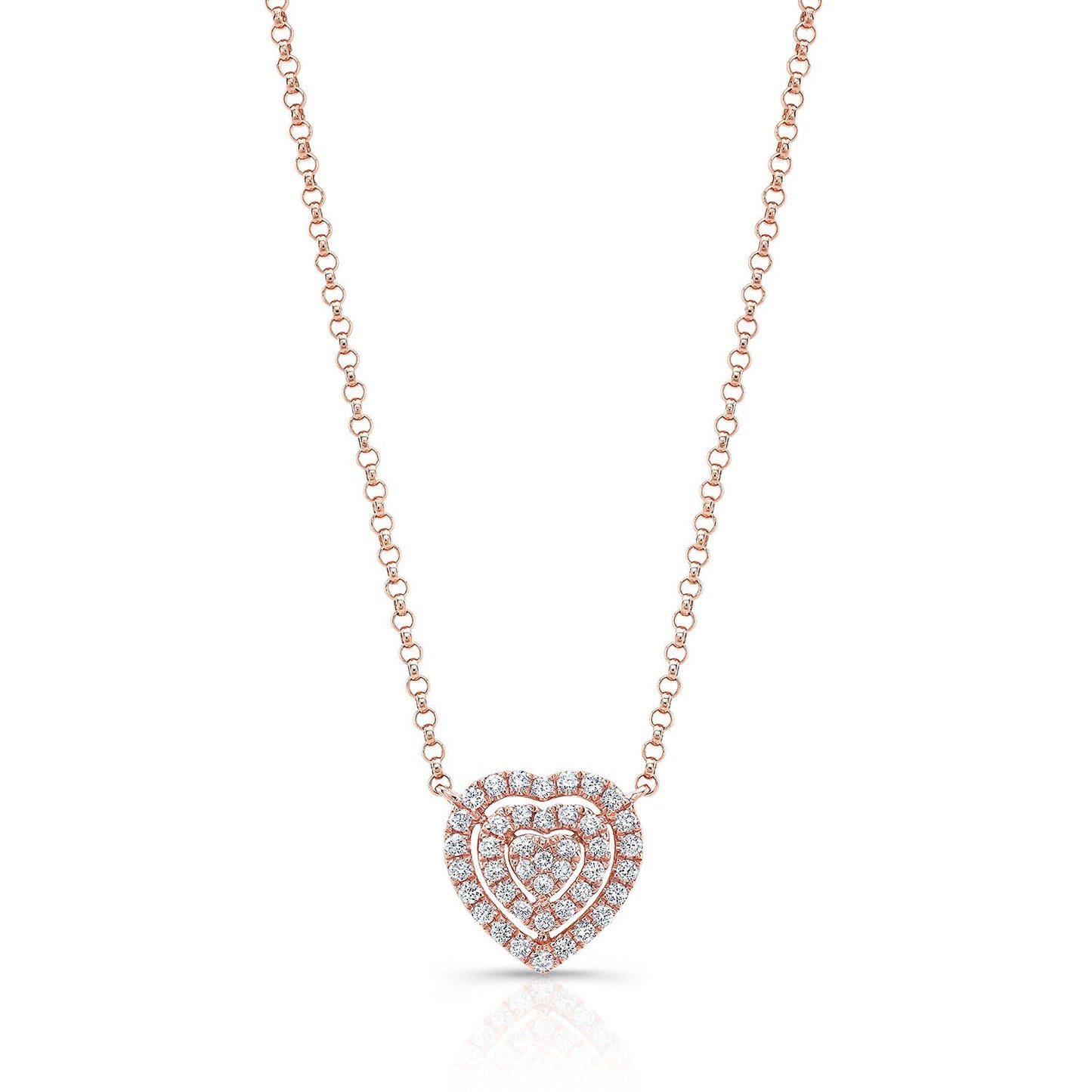 Diamond Heart Cluster Necklace With Pave Double Border In 14k Rose Gold, 18 Inches