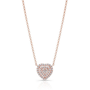 Diamond Heart Cluster Necklace With Pave Double Border in 14K Rose Gold – front view | RockHer