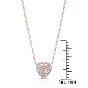 Diamond Heart Cluster Necklace With Pave Double Border in 14K Rose Gold – scale reference | RockHer