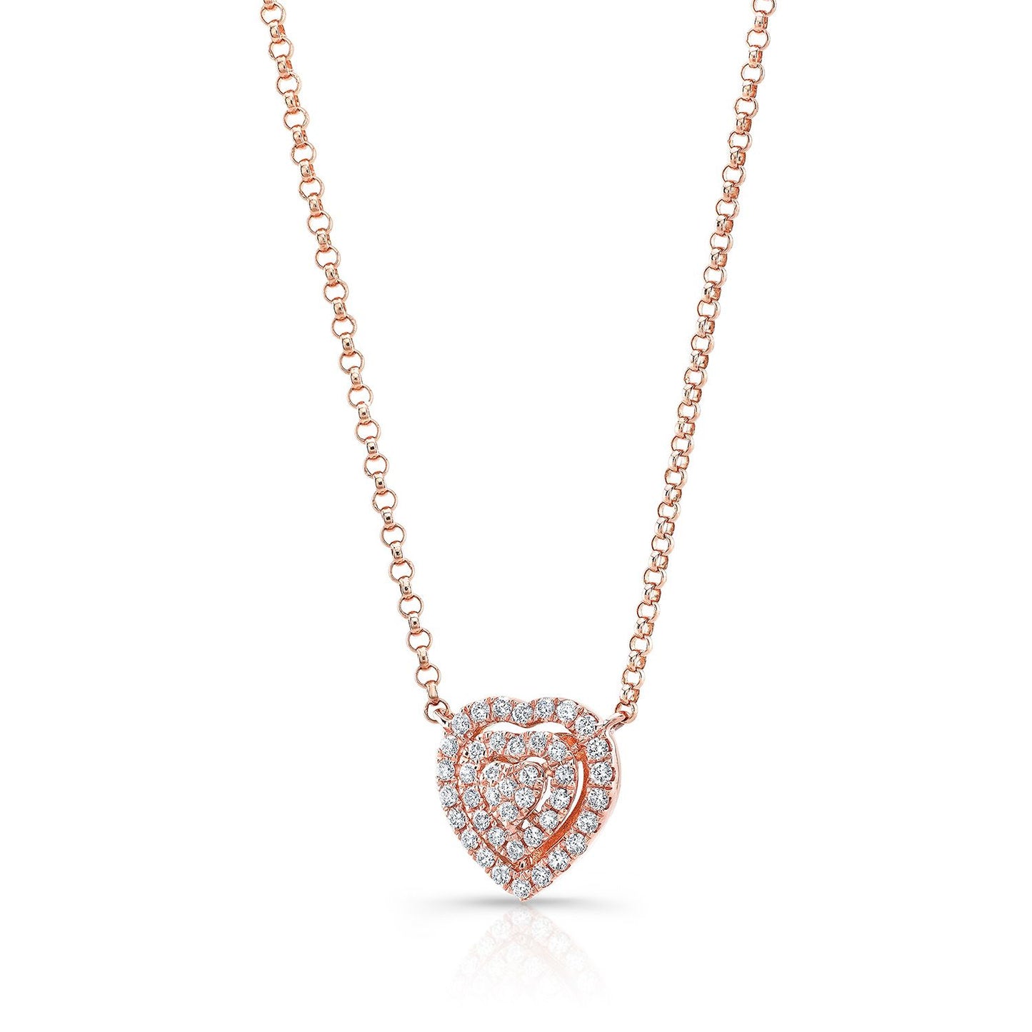 Diamond Heart Cluster Necklace With Pave Double Border In 14k Rose Gold, 18 Inches