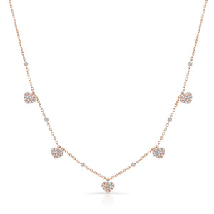 Diamond Pave Dangling 5-heart Station Necklace in 14K Rose Gold, 16-18 Adj Chn | RockHer