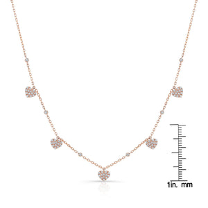 Diamond Pave Dangling 5-heart Station Necklace in 14K Rose Gold, 16-18 Adj Chn – scale reference | RockHer