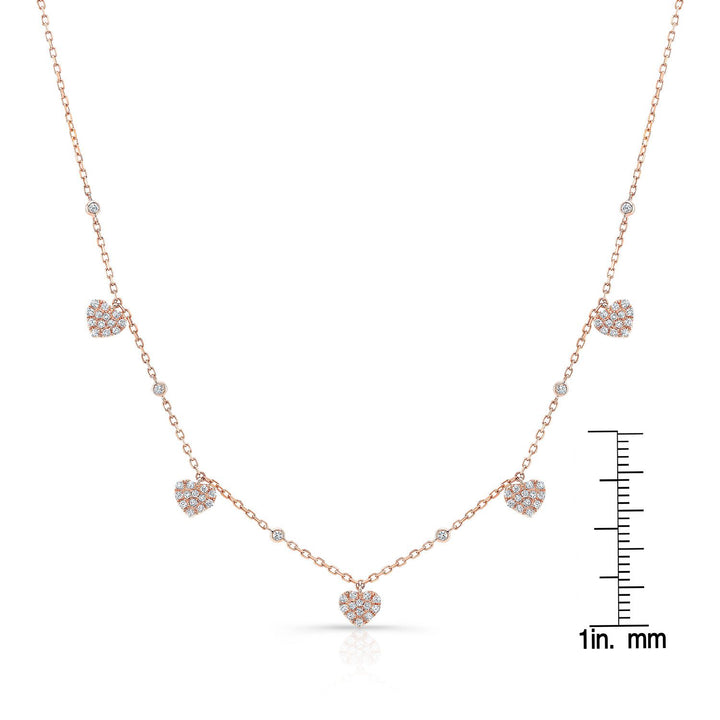 Diamond Pave Dangling 5-heart Station Necklace In 14k Rose Gold, 16-18 Adj Chn