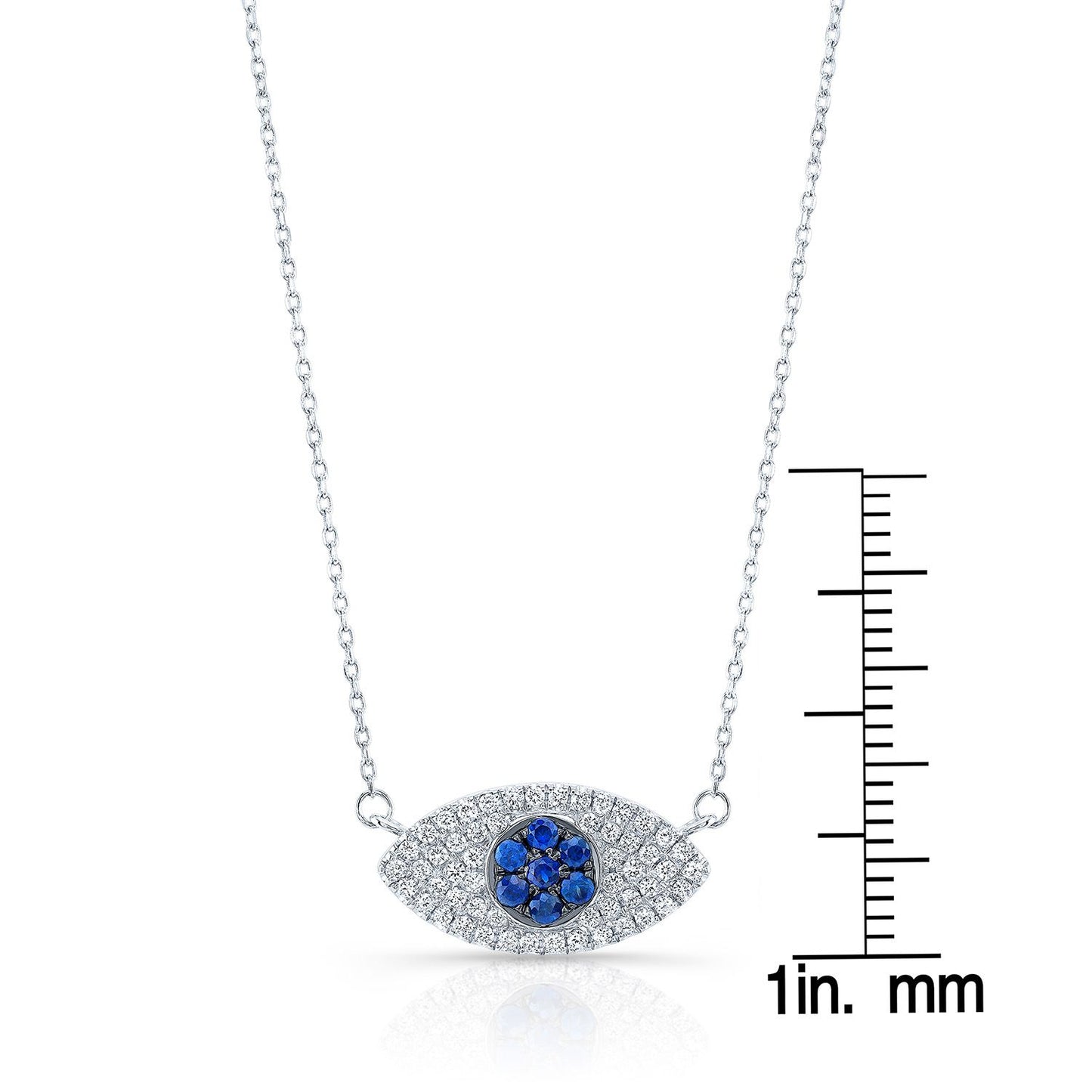 Sapphire And Diamond Pave Evil Eye Necklace In 14k White Gold, 16-18 Adj Chn