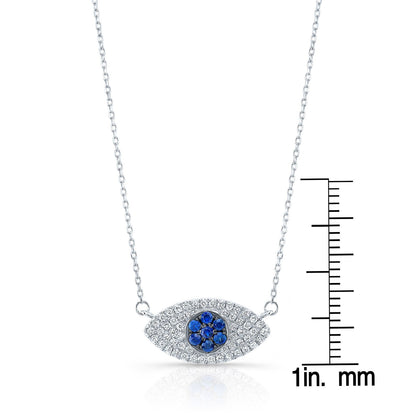 Sapphire And Diamond Pave Evil Eye Necklace In 14k White Gold, 16-18 Adj Chn