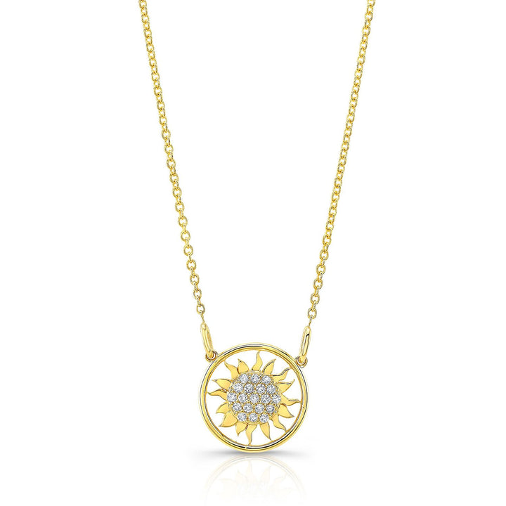 Diamond Sun Necklace With Round Frame in 14K Yellow Gold – front view | RockHer