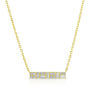 Diamond Baguette And Round Mosaic Bar Necklace in 14K Yellow Gold, 16-18 Inch Adj Chain – front view | RockHer