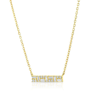 Diamond Baguette And Round Mosaic Bar Necklace in 14K Yellow Gold, 16-18 Inch Adj Chain – side profile | RockHer