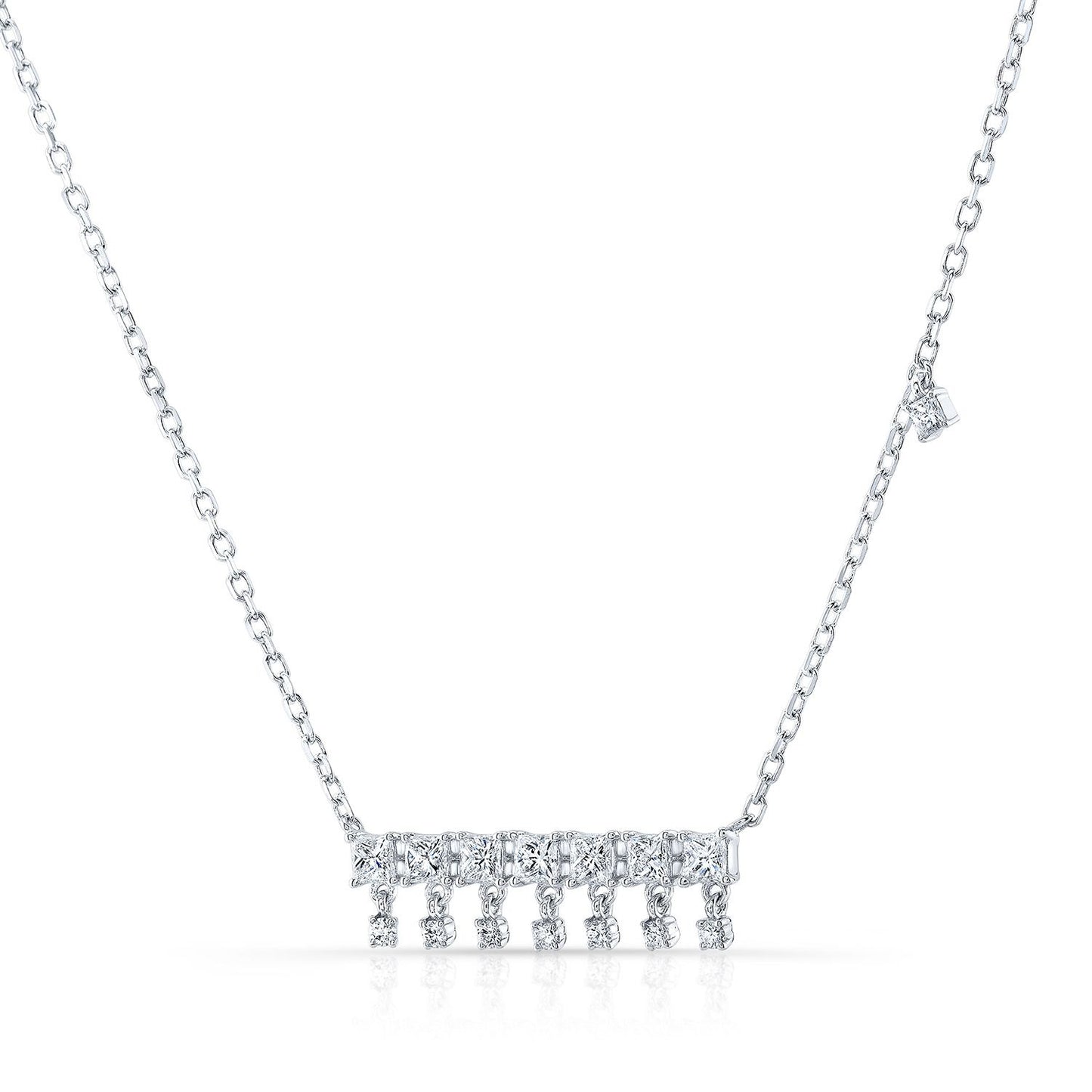 Diamond Princess Cut And Round Fringe Bar Necklace In 14k White Gold, 16-18 Inch Adj Chain