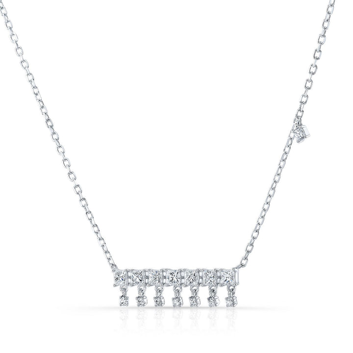 Diamond Princess Cut And Round Fringe Bar Necklace In 14k White Gold, 16-18 Inch Adj Chain